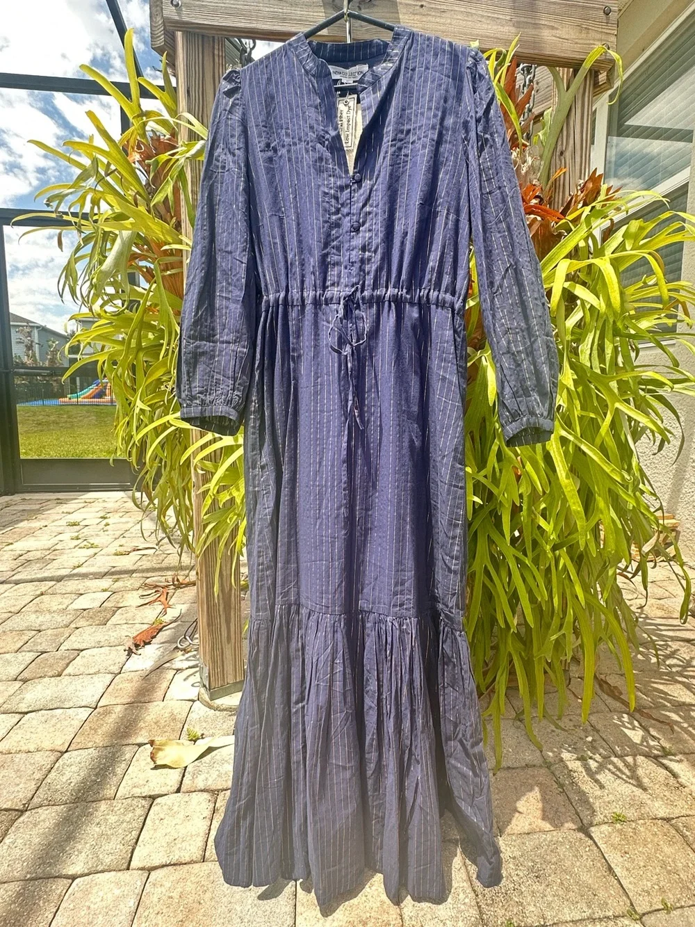 Emerson Fry India collection Navy Pinstripe Tiered Maxi Dress size S 100cotton - Picture 3 of 7